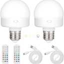 2 Pack Rechargeable Battery Operated Light Bulb with Remote ControlCordless Dimmable LED Bulb with 3 Timer Settings, 15 Colors Selectable, Wireless Puck Light Bulb for Wall Sconce SLBL01A2