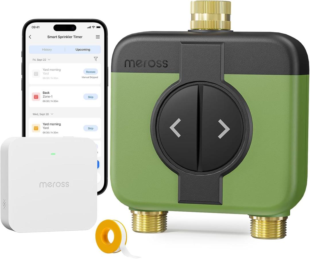 Meross WiFi Water Timer for Garden Hose, 2 Zone WiFi Hose Timer with Brass Inlet and Outlet, WiFi Sprinkler Controller, Rain Delay, Smart Water Valve for Garden, Lawn & Yard, Remote & Voice Control