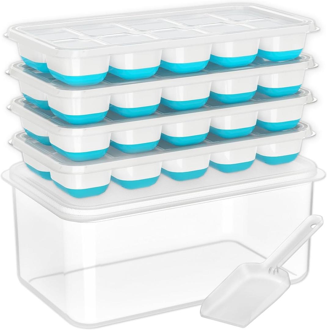 DOQAUS Ice Cube Tray with Lid and Bin, Pack of 4 Silicone Plastic Ice Cubes Trays for Freezer with Box/Container, Stackable with Storage Iced Bucket Kits, Scoop, for RV, Soup, Food, Cocktail, Coffee (8.2*4.5*3.6IN, Blue)