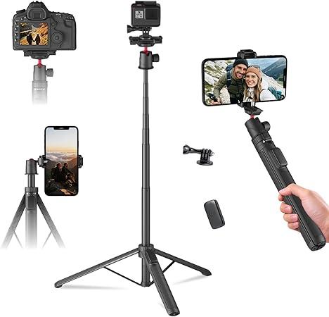 KINGJOY 66" Camera Tripod & Phone Selfie Stick, Lightweight Portable Travel Tripod Stand with Wireless Remote, Lockable Tripod,Compatible with Phone/iPhone/Camera for Photography & Vlogging