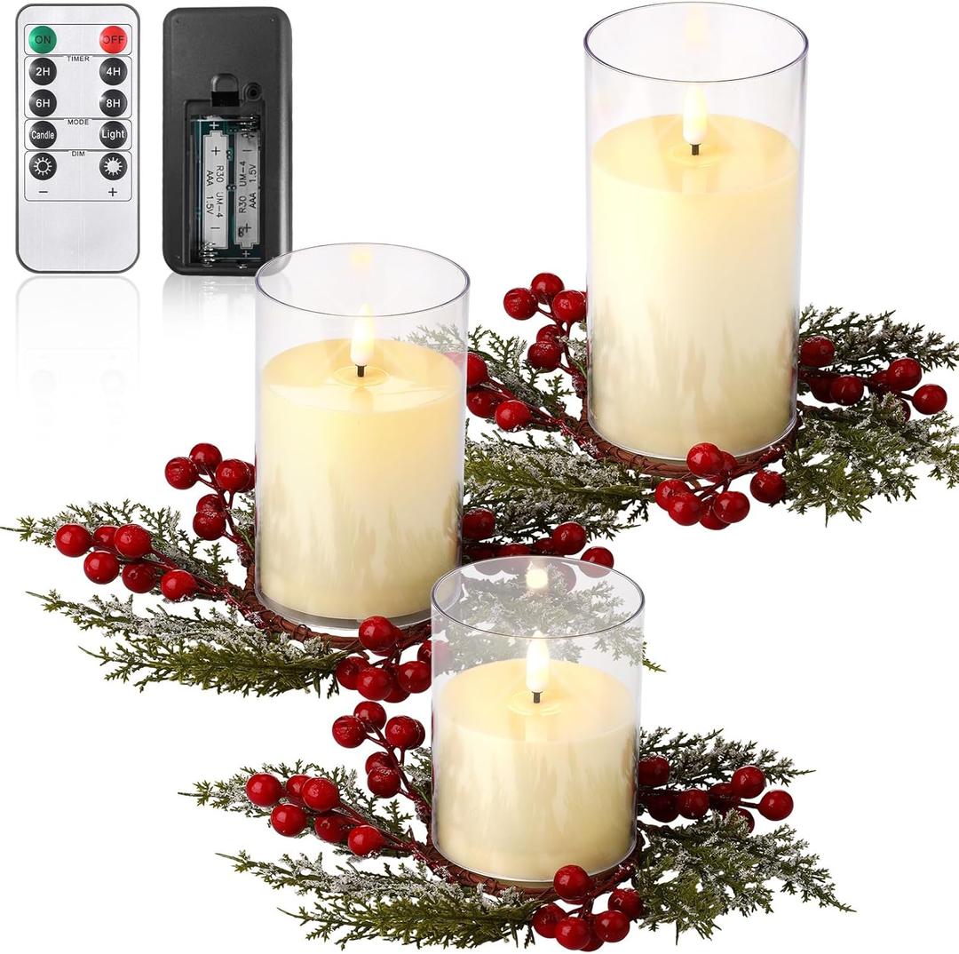 Aurelema 6 Pcs Christmas Flameless Candles with Rings Wreaths Small Artificial Red Berry Ring LED Battery Operated Candle with Remote Control for Xmas Table Centerpieces Cabinet Window Decor (3.9/ 4.9 / 5.91 Inch, Ivory)