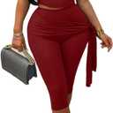 Vssjavun Women's 2 Piece Outfits Sexy Sleeveless One Shoulder Crop Tops Bodycon Capri Pants Sets (Burgundy, Red)