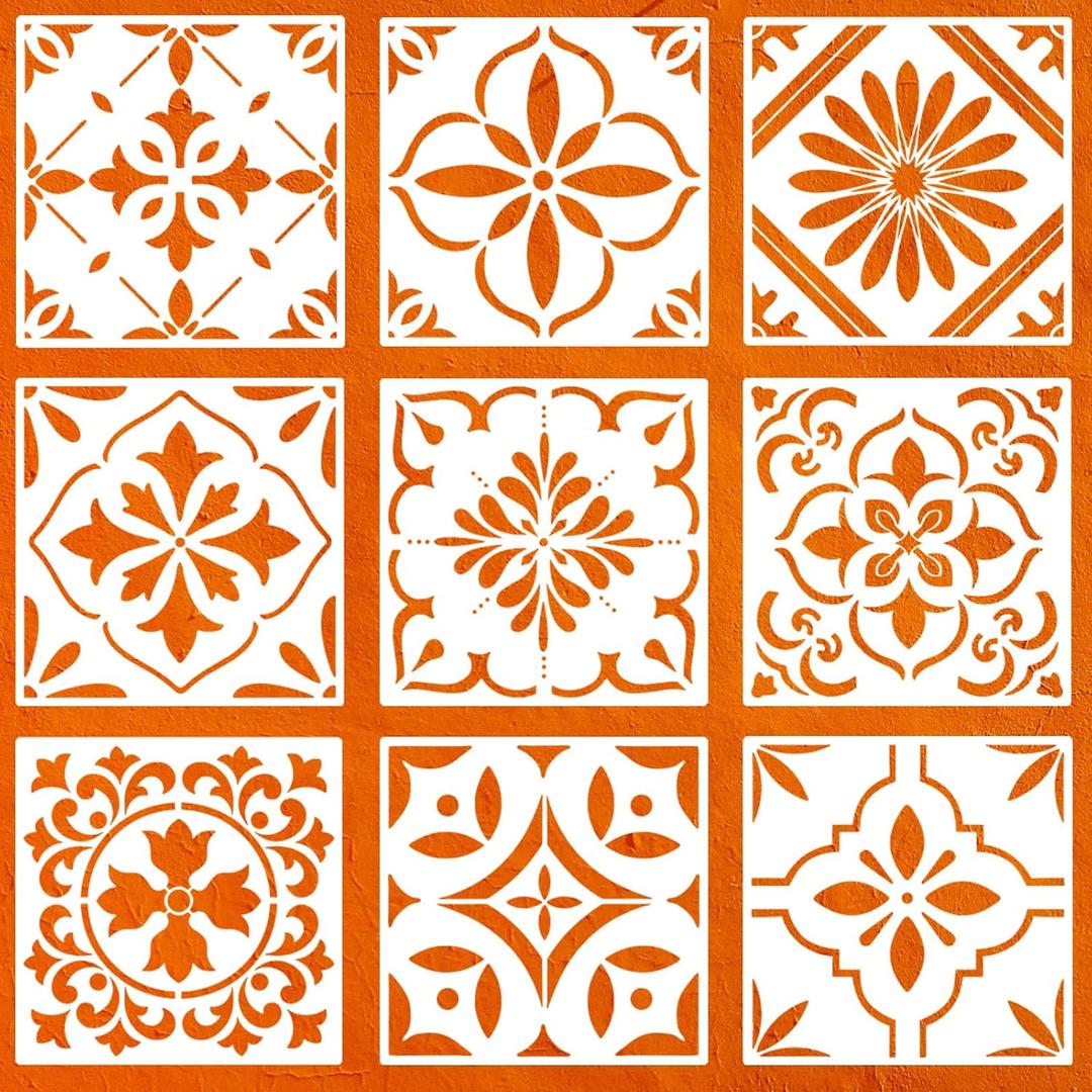 9-Pack 8x8 Inch Vintage Moroccan Style Stencils Set - Reusable Tile Floor Wall Stencils Templates for Painting Concrete, Tile, Patio & Home Decor