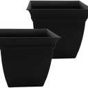 The HC Companies Eclipse Square Plastic Planter w/Attached Saucer - Outdoor & Indoor Plant Pot with Drainage Holes - Lightweight, UV-Resistant Plastic Pots for Plants (12" Black, Pack of 2)