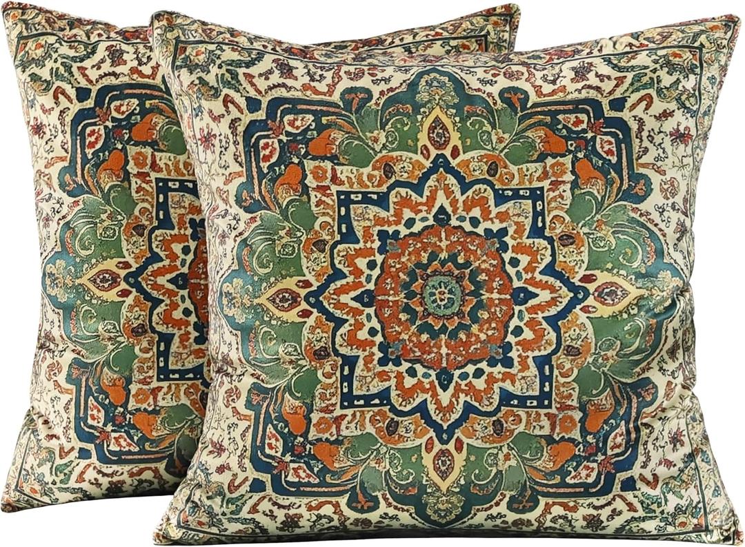 Boho Soft Velvet Throw Pillow Covers 18x18 in Vintage Kilim Carpet Tribal Pattern Pillowcases, Antique Ethnic Decor, Geometric Pattern Cushion Cover for Sofa, Living Room, Green, 2 Pack