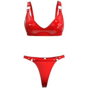 xokesy Women Sexy Leather Lingerie Set, High-Elastic Shorts, Glossy, Shiny Shaping Latex Bra Adjustable (XL, Red)
