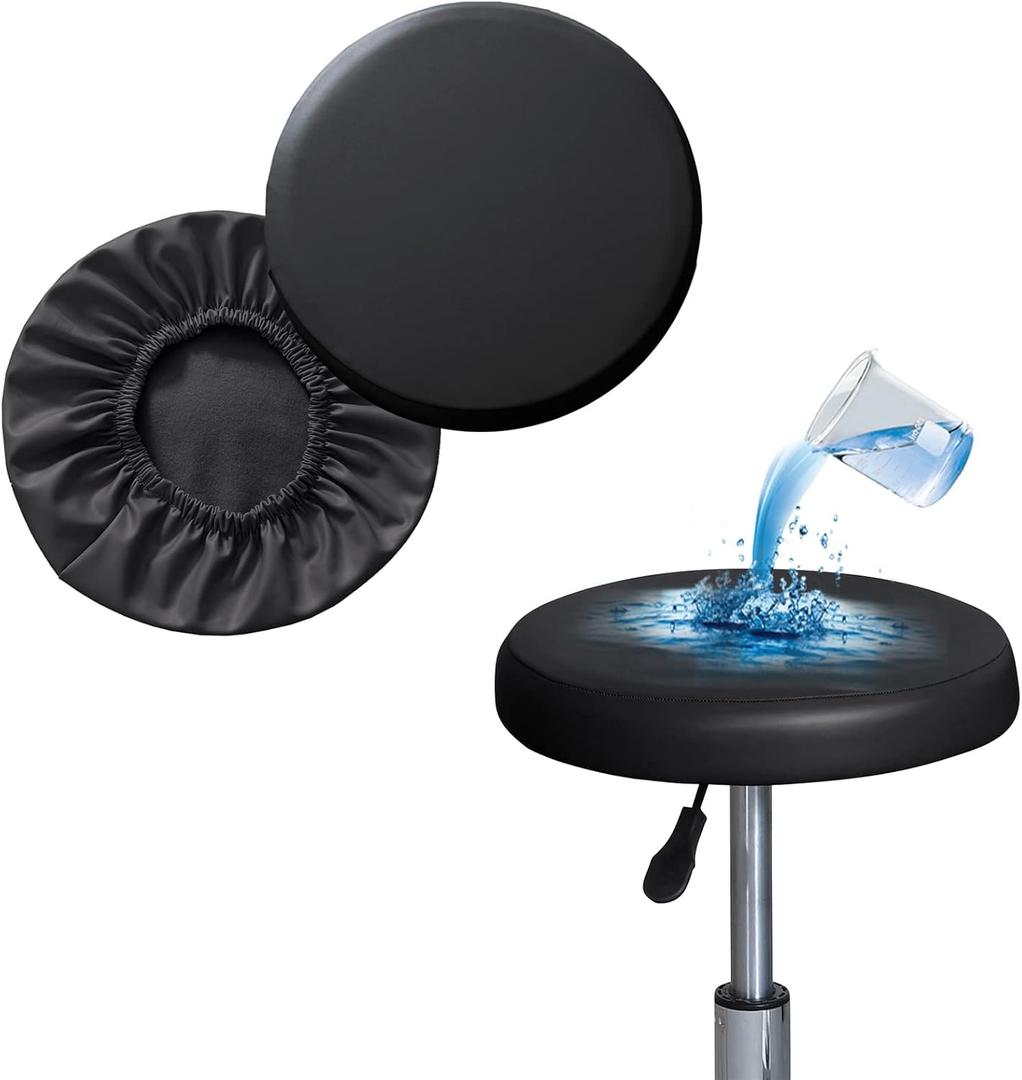 Shukii Stool Covers Round 2 Pack Bar Stool Covers Watedrproof PU Stool Slipcover with Elastic Stool Cushion Round Bar Stool Seat Covers for Bar Round Chair (M (12"-14") 2 Counts, Black)