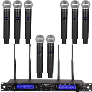 MicrocKing Wireless Microphone System, 8-Channels UHF Cordless Dynamic Handheld Mics, Long Range 400ft, Auto Connect, Ideal for Karaoke Party Wedding Speech and Outdoor Events