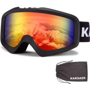 Karsaer Ski Goggles Anti-Fog Snow Goggles OTG 100% UV Protection Snowboard Goggles Bendable Dual-Lenses for Men Women Youth, Matte Black Frame Red Mirrored Lens Vlt 15%