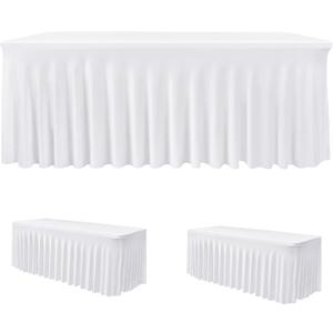HolidayIdeas 2 Pack Spandex Table Skirt for 6 Ft Rectangle Tables, White Fitted Stretch Tablecloth 30 x 72 Inch, Wrinkle Resistant Ruffle Design for Wedding Banquets, Baby Showers, Parties