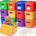 Thyle 12 Pack 7 Quarts Plastic Storage Bins for Storage with Lids Handles Colorful Stackable Desktop Box Bins with Label for Shelf Drawer,10 x 7 x 6 Inch (Brightly Colored)