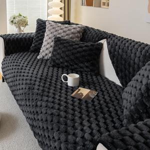 Rabbit Plush Sofa Cover,Non-Slip Faux Fur Couch Cover,Warm Sofa Cover Fuzzy Furry Sofa Slipcover Furniture ProtectorBlack 36"x63"Loveseat Sofa Cover