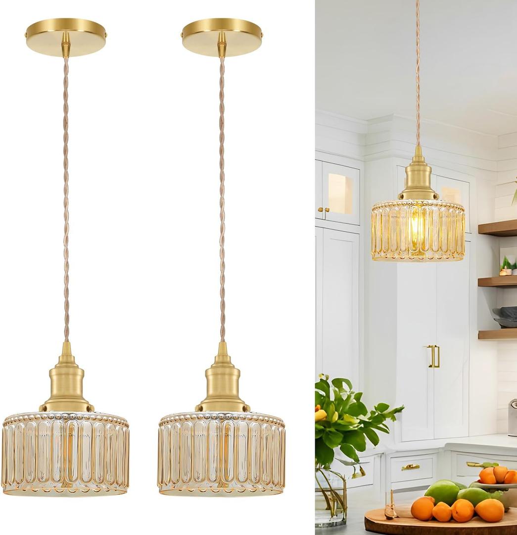 Rustic Pendant Light Set of 2, Brushed Gold Pendant Lights Kitchen Island with Amber Glass Shade, Brass Kitchen Pendant Lighting over Island, Adjustable Hanging Light for Hallway Bathroom Dining Room (6.9in-2pc)