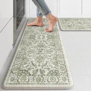 KIMODE Anti Fatigue Kitchen Mat Set, Non Slip Waterproof Kitchen Rug Set of 2, Boho Rugs for Kitchen, Ergonomic Standing Kitchen Sink Mats for Floor, 17"x29.5"+17" x47, Green
