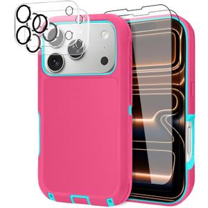 JGS for iPhone 17 Pro Case 6.3", Military Grade 3 in 1 Heavy Duty Shockproof/Drop Proof Case with 2 Screen Protector + 2 Camera Lens Protector (Pink/Blue)