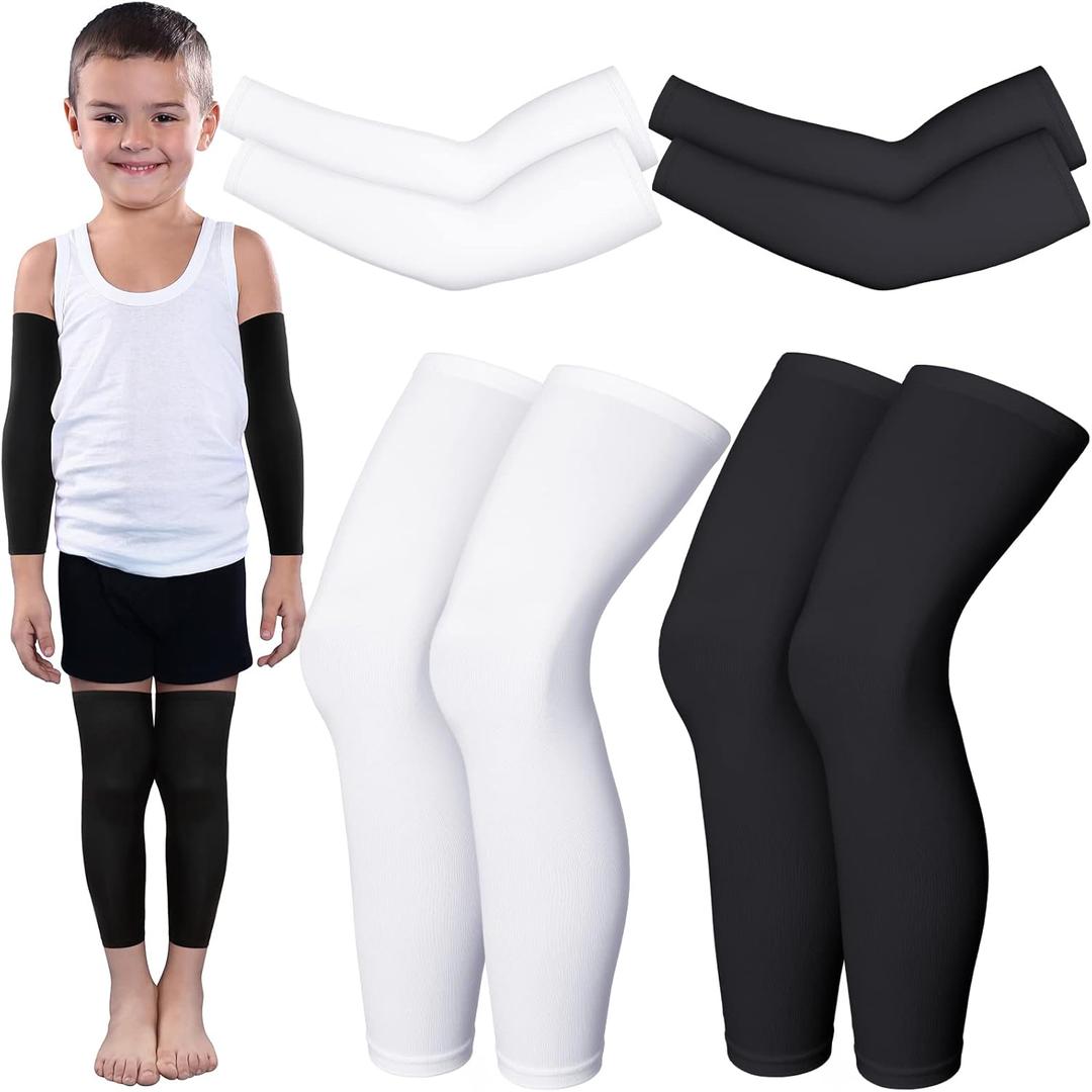 4 Pairs Kids Long Compression Leg and Arm Sleeves Youth Basketball Leg Sleeves Cycling Protection Covers for Running Sport (Small, Black and White)