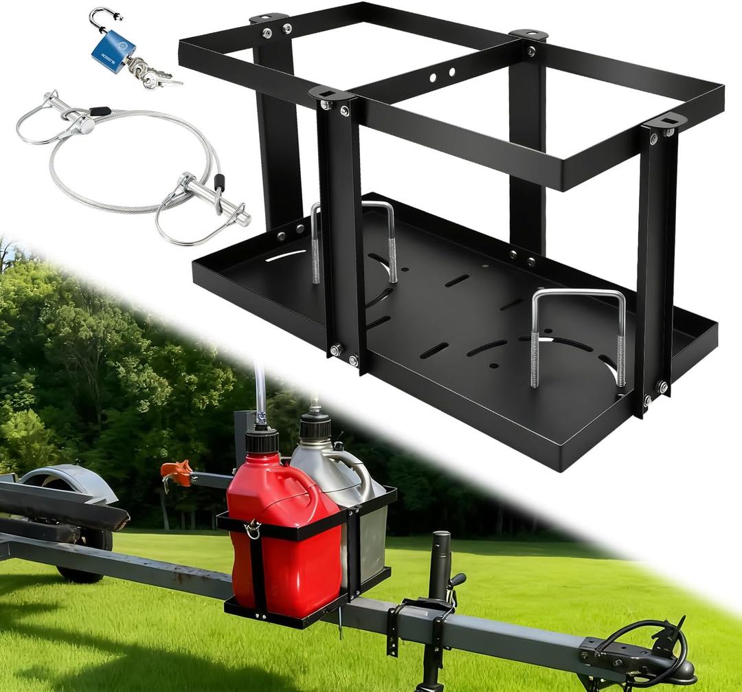 Gas Can Holder for Trailer, Fuel Jug Holder, with 4 Fixed Columns and Locking Straps, Fit for Holding Two 5 to 5.5 Gallon Gas CansCompatible with VP Racing 5.5 Gallon Fuel Cans (Black)