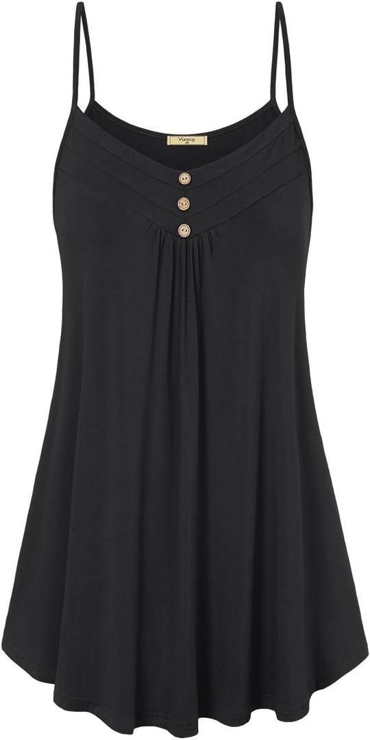 Viracy Women's Summer Button V Neck Pleated Spaghetti Strap Camisole Tank Tops, (XX-Large, 01-black)