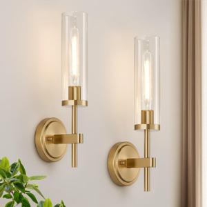 [Hardwired] Wall Sconces Set of Two, Brushed Gold Bathroom Sconces with Clear Glass, Modern Wall Light Fixtures for Bathroom Mirror Vanity, Living Room, Bedroom, Hallway, Stairway, Cabinet, Foyer