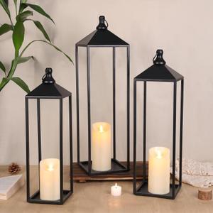 22'' 19'' 17'' Lanterns Decorative Outdoor Indoor, Set of 3 Black Metal Candle Lanterns Christmas Lanterns Modern Farmhouse Floor Lantern Decor for Room, Porch, Mantle, Patio, Garden