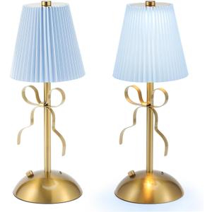 2 Pack Small Gold Bow Table Lamp 12 Inch for Girl's Bedroom Cute Coquette Bow Table Lamp with Fabric Shade Modern Decorative Bedside Light Small Princess Desk Lighting Boho Living Room (Blue)
