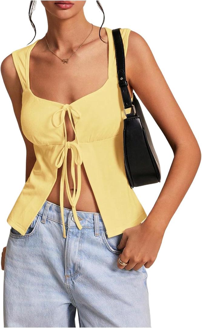 Milumia Women Tie Front Y2k Tank Tops Wide Strap Sexy Cut Out Split Hem Sleeveless Tops (Yellow, S)