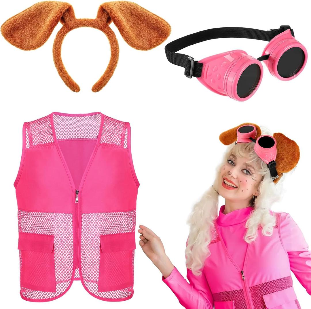 Hotop 3 Pcs Halloween Puppy Dog Costume Set Dog Ear Headband Pink Steampunk Goggles Vest Puppy Themed Cosplay Accessories for Women Adult