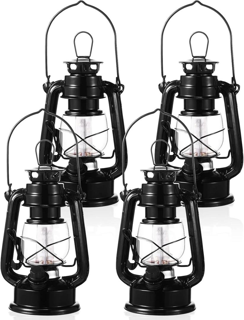 Hortsun 4 Pcs 8 Inch Vintage LED Hurricane Lantern Metal Black Outdoor Battery Operated Hanging Lantern with Warm LEDs and Dimmer Switch for Indoor Rustic Farmhouse Country Camping Decor