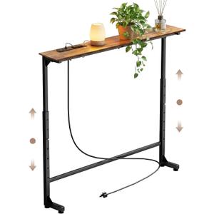 Adjustable Height Narrow Sofa Table with Built-in Power Outlets, 39" Long Console Table Behind Couch Table with Charging Station Skinny Entryway Table for Living Room & Hallway (Rustic Brown)