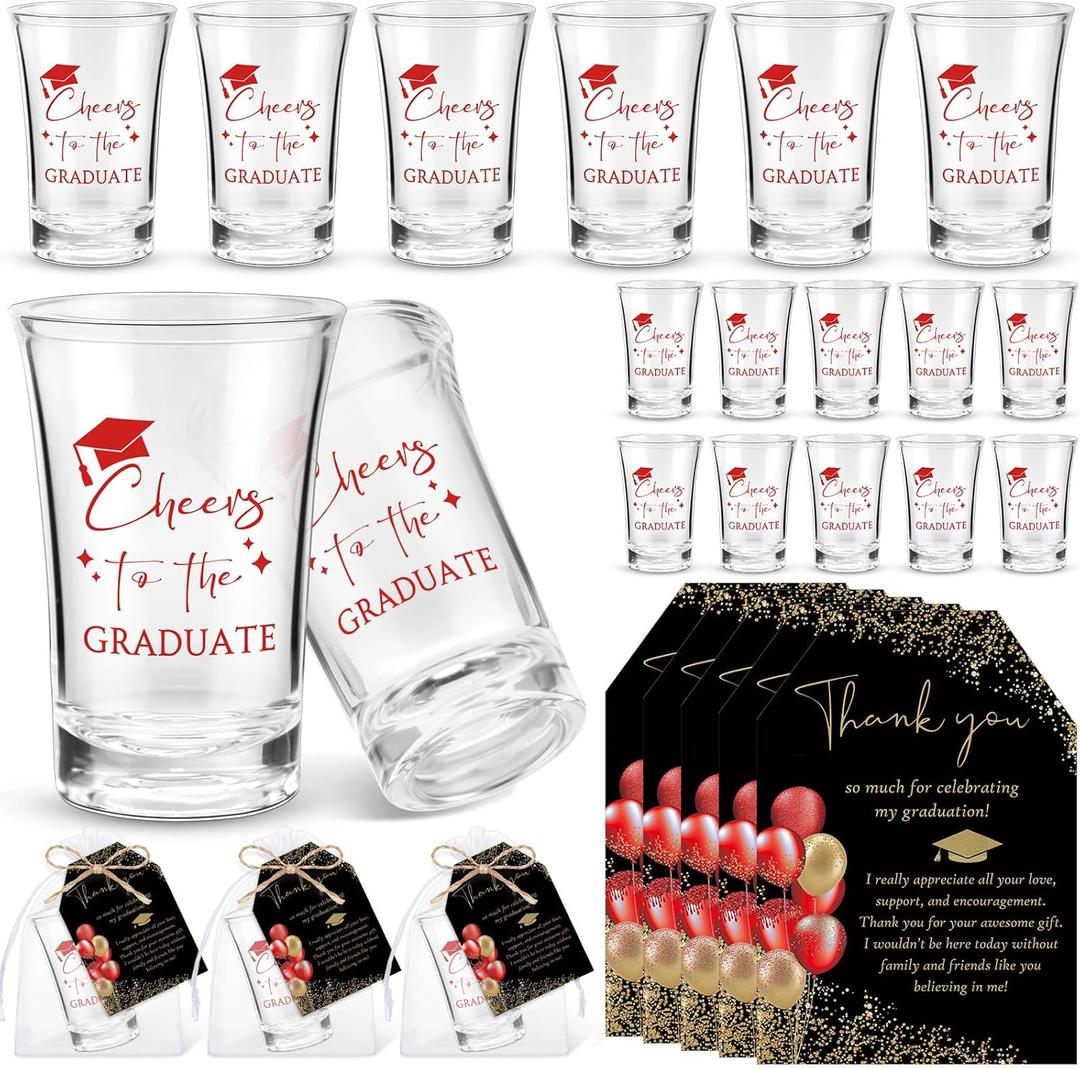 Maxcheck 25 Sets Graduation Party Favors for Guests Cheers to the Graduate Acrylic Shot Glasses with Thank You Cards and Organza Bags Graduation Gifts for Teacher Classmates Family(Red Color)