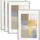 16x24 inch Metal Poster Frame - 16 x 24 Thin Aluminum Picture Frames Matted for 12x18 Photos, Artworks, Prints, Puzzle - High Definition Plexiglass - Vertical and Horizontal Display - Wall Hook Hanging Hardware Included - Silver, 4 Pack