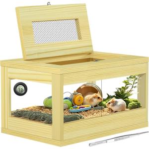 Mini Hamster Cage, Solid Wood Gerbil Cage, Chewproof Hamster Cages and Habitats, Sliding Doors, Top Ventilation Window, Guinea Pig Cages for Small Animals, Dwarf, Syrian, Mice, 20" x 12" x 10"