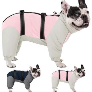 KOESON Four Legged Winter Coat, Warm Dog Jacket with Adjustable Buckles, Turtleneck Windproof Fleece Jackets, Reflective Fullbody Snowsuit Puffer Coat Pink Grey L