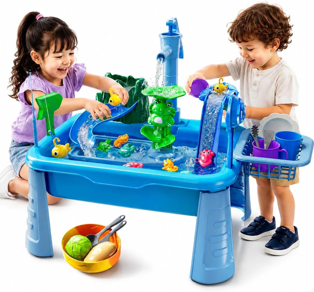 Water Table Play Sink Toy for Kids 2 3 4 5 6 Years Old - Outdoor Kitchen with Running Water, Fishing Games, Toddler Water Play Table for Kids Ages 3-8, Beach Outdoor Toys, Birthday Gifts 2+ 3-5 (Blue)