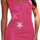 Women Sleeveless Starfish Sequin Mini Dress Square Neck Star Print Knitted Bodydon Beach Party Dress (XL)