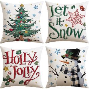 2 x Artscope Christmas Tree Snowman Throw Pillow Covers 20x20 Inch Set of 4, Let It Snow Holly Jolly Winter Hoilday Christmas Decoration Pillow Cases for Home Sofa Couch Decor-Beige