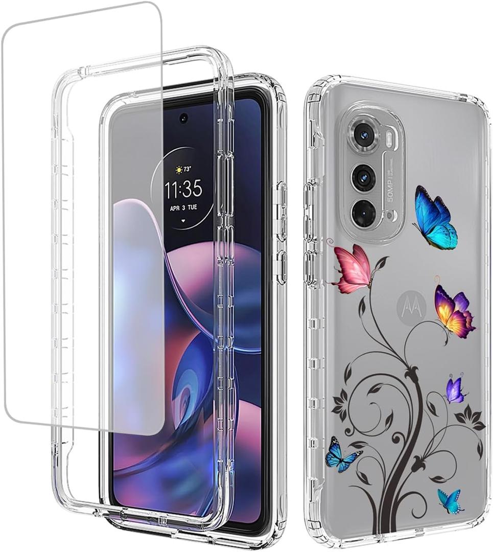 Case for Moto Edge 2022/Moto Edge 2022 5G UW XT22051 Case with Tempered Glass Screen Protector, Full Body Floral Protection Hard+TPU Shockproof Cover for Motorola Moto Edge 2022 Tree Butterfly
