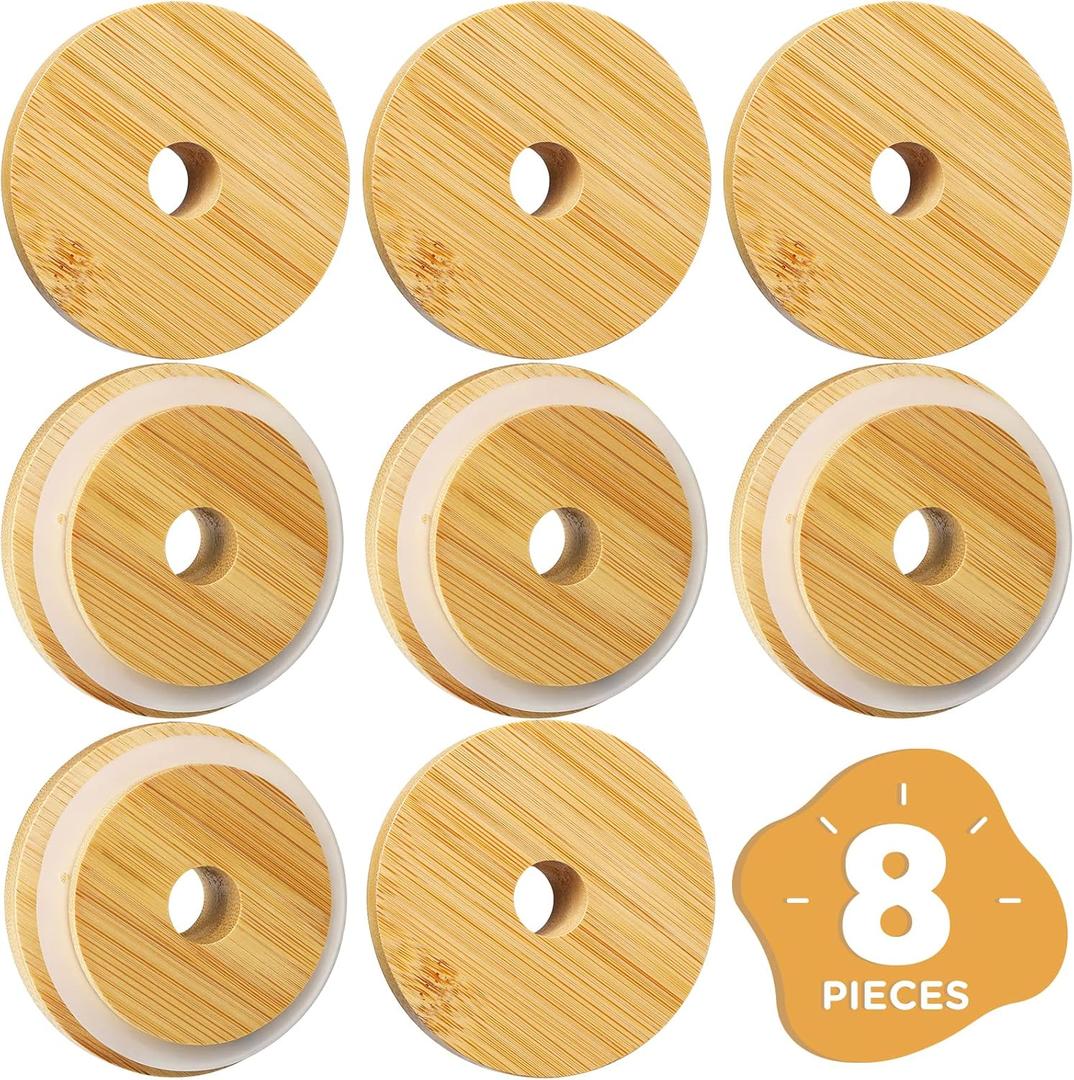 86mm Wide Mouth Bamboo Mason Jar Lids with Straw Hole, SBMKK Wood Mason Jar Straw Lid 8 Pack