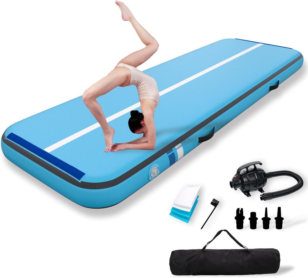 Inflatable Gymnastics Mat Tumble Track (8 Inches Thick) - 10ft/13ft/16ft/20ft Air Floor Training Mats for Home Use, Cheerleading, Water Fun & Camping - Includes 500W Electric Pump & Carbon Pattern (Blue)