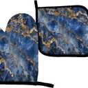 Perinsto Blue Gold Marble Print Oven Mitts & Pot Holders Kitchen Set Heat Resistant Decorative Cooking Gloves Microwave Oven Gloves for Baking Grilling BBQ