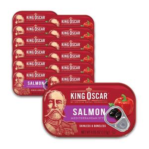 King Oscar Premium Skinless & Boneless Atlantic Salmon in Olive Oil, Mediterranean Style, 4.05 oz Cans, Pack of 12, Tinned Salmon (EXP 03/17/31)