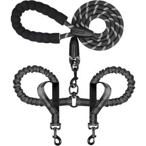 Double Dog Leash for Two Dogs, Heavy Duty Adjustable No Tangle, Bungee Retractable Split Multiple Leash for Walking 2 Dogs, 5.5FT-1/2, Black