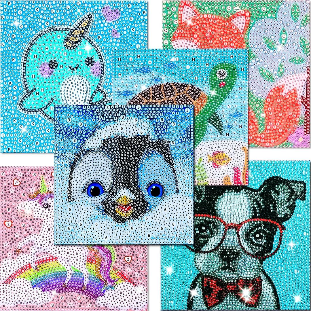 WOOPAOD Diamond Painting Kits for Kids, 6Pcs Kids Diamond Art Animal 5D Diamond Gem Art by Number Dotz Kits Art and Crafts for Ages 6-8-10-12 Girls Boys for Birthday Halloween Christmas Gifts (6PCS)