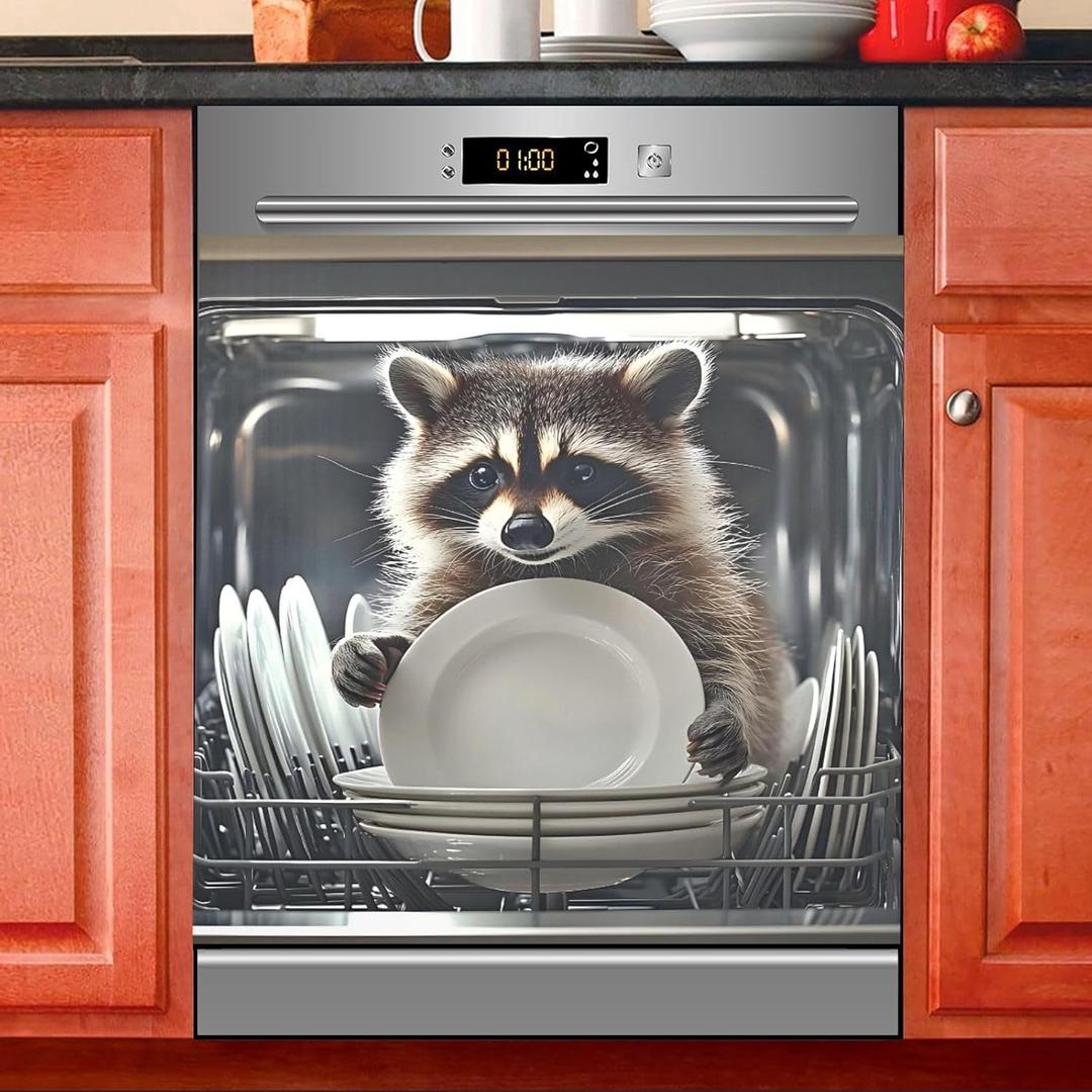 Funny Raccoon Kitchen Dishwasher Magnet Cover Sticker Magnetic Refrigerator Panel Front Door Fridge Microwave Decal, 23 X 26 in
