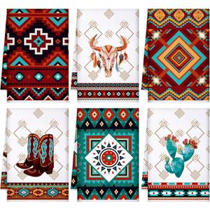 Boyiee Set of 6 Southwestern Kitchen Towels Boho Aztec Theme Dishtowel Native American Hand Tea Towels 24 x 16 Inches for Absorbent Kitchen Decor with Hanging Loop for Room Home Housewarming Gift