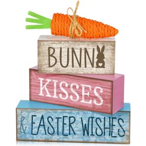 Moucuny 4 Pcs Easter Table Decoration Wooden Block Carrot Decor Easter Tiered Tray Decoration Cute Bunny Centerpiece Rustic Carrot Sign Gift for Holy Week Kitchen, Party, Entryway Fireplace Decor