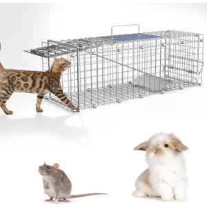 Humane Live Animal Cage Trap, Collapsible Galvanized Steel for Raccoons, Groundhogs & Stray Cats, 24"x8"x7", Heavy-Duty Indoor/Outdoor Catch & Release