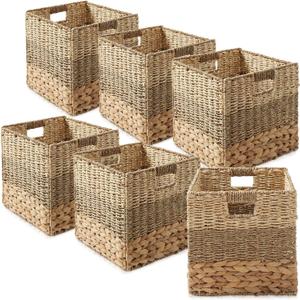 Casafield 12" x 12" Mixed Weave Storage Baskets, Natural - Set of 6 Woven Hyacinth Seagrass Wicker Storage Cube Bins for Bathroom, Bedroom, Laundry, Pantry, Shelves