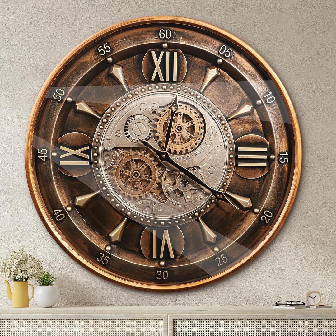 October Elf 24 Inch Wall Clock with Moving Gears Large Industrial Steampunk Metal Clock Antique Gold Oversized Farmhouse Decor Wall Clock for Living Room Home Office(Brown with Roman Numerals)