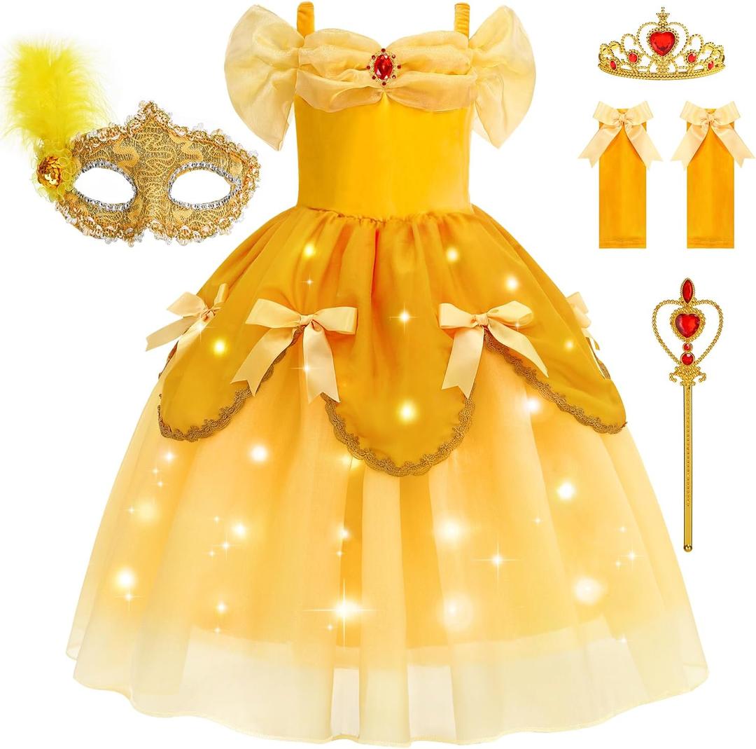 Light Up Princess Dress for Girls Yellow Princess Lighted Dress Up for Halloween Carnival Cosplay Birthday Party (4T-4/110, Yellow(with Accessories))
